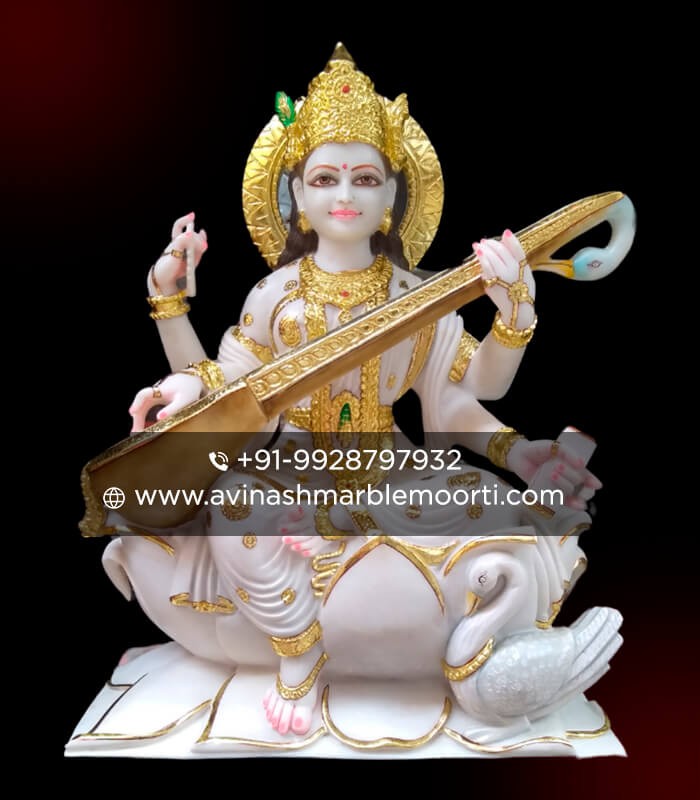 Painted Saraswati Maa Marble Murti